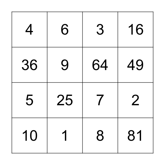 Square Root Bingo Card