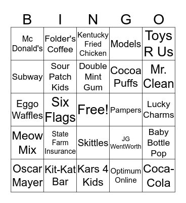 Commercial Songs Bingo Card