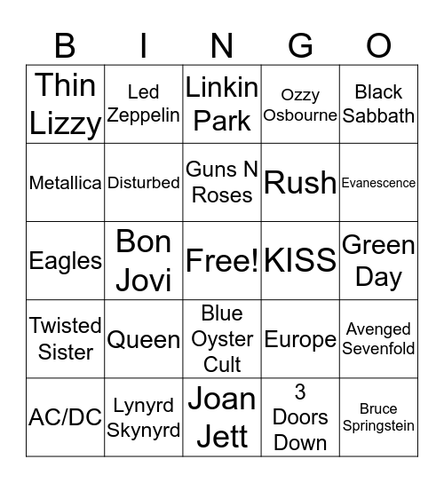 Rock Music Bingo Card