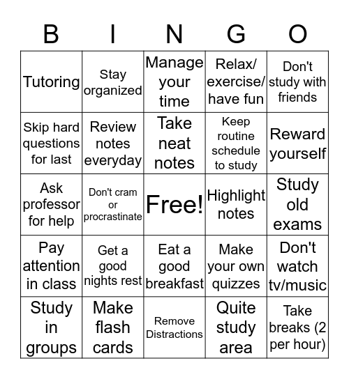 Study and Test Tips for College Students Bingo Card