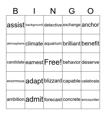 Vocabulary #2 Bingo Card