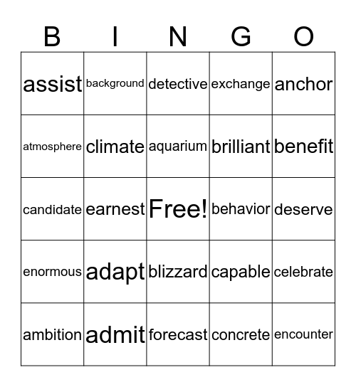 Vocabulary #2 Bingo Card