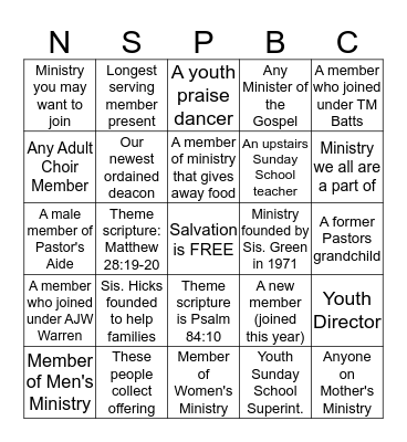 NEW SARDIS' MINISTRY FAIR Bingo Card