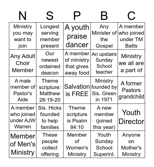 NEW SARDIS' MINISTRY FAIR Bingo Card