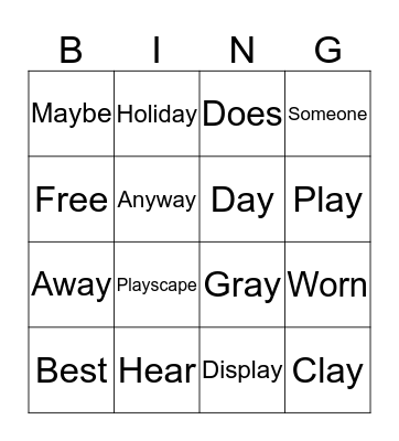 "AY" and High Frequency Words Bingo Card