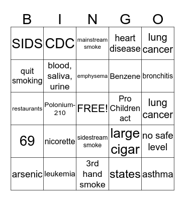 second hand smoke Bingo Card