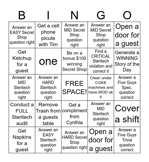 Five Guys Bingo Card