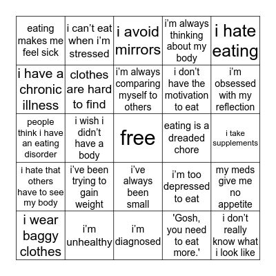 body dysmorphia: being too thin Bingo Card