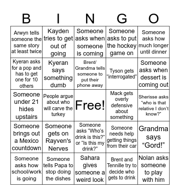 Family Dinner Bingo Card