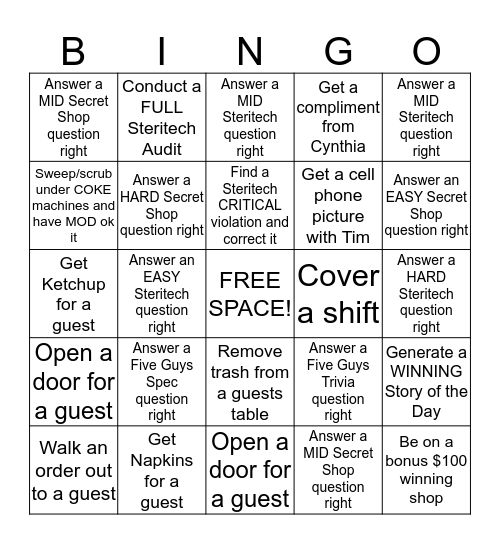 Five Guys Bingo 4 Bingo Card