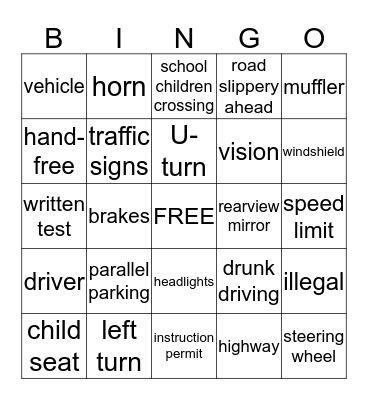Driver's Education Game 1 Bingo Card