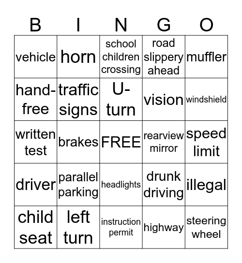 Driver's Education Game 1 Bingo Card