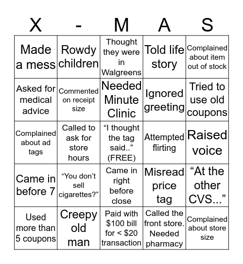 Merry Christmas Annoying CVS Customers! Bingo Card
