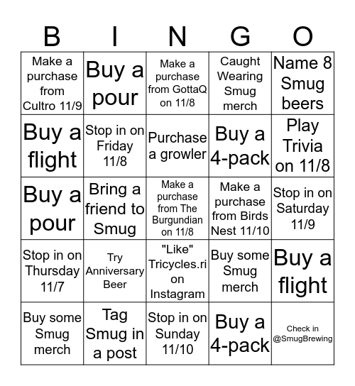 SMUG Anniversary Bingo Card