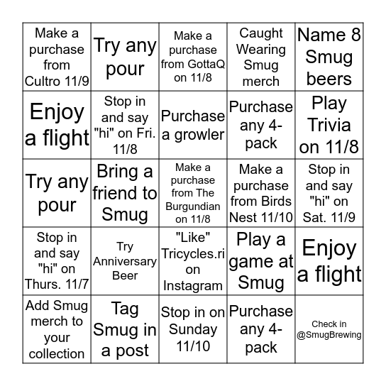 SMUG Anniversary Bingo Card