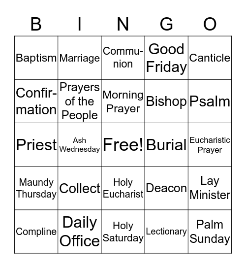 Book of Common Prayer Bingo Card