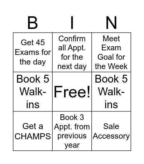 Receptionist BINGO Card