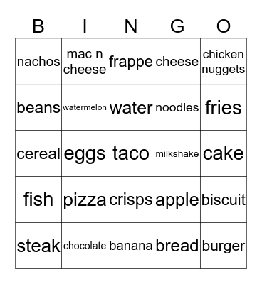 food and drink Bingo Card