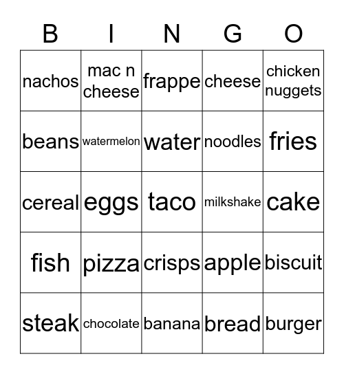 food and drink Bingo Card