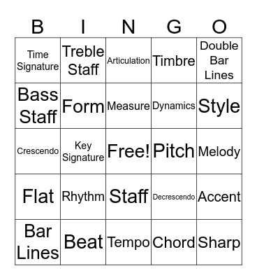 Music Vocabulary Bingo Card