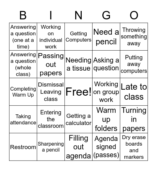 Classroom Rules and Procedures Bingo Card