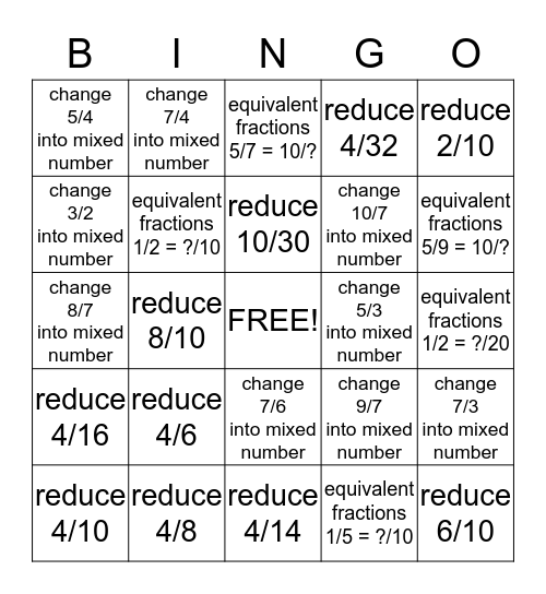 FRACTION Bingo Card