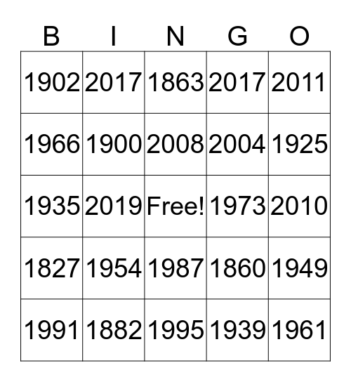 Years Bingo Card