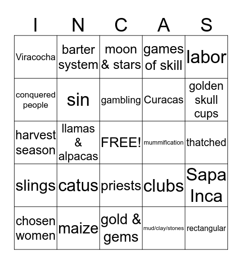 Inca Empire Bingo Card