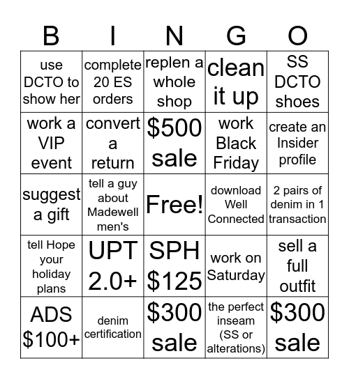 November at Madewell Bingo Card