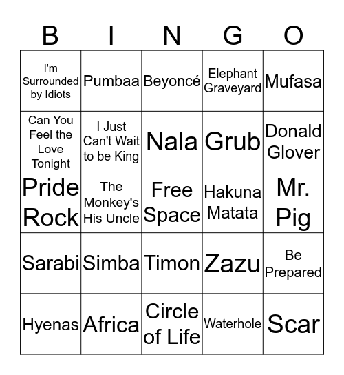 SIMBA  Bingo Card