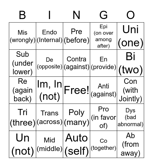 Prefixes Bingo Card