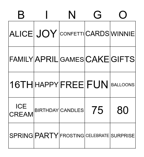 WINNIE & ALICE'S BIRTHDAY Bingo Card