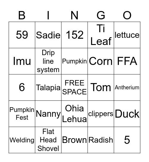 Leilehua Agriculture Bingo Card