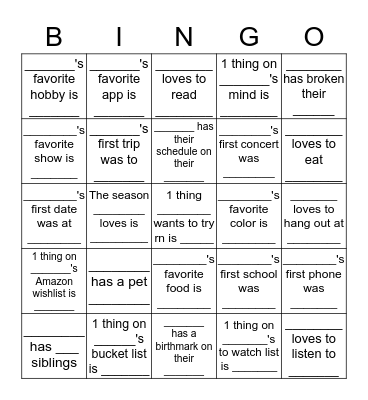 Getting to Know You Bingo Card