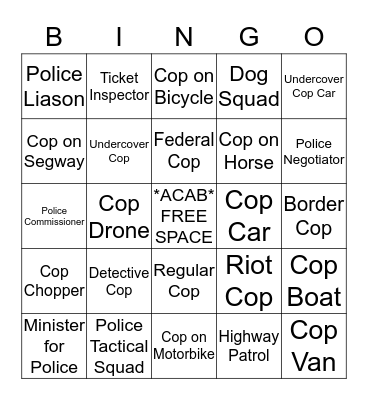 Flipping Off Cops Bingo Card