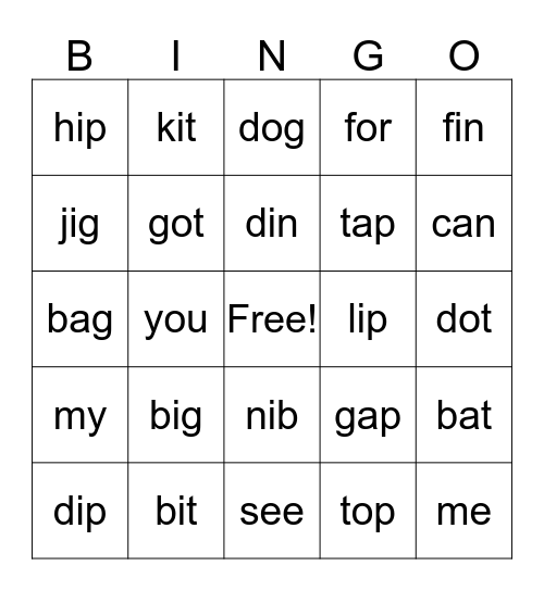 short i, o, a Bingo Card
