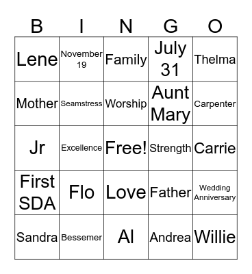 Mitchell Family Bingo Card