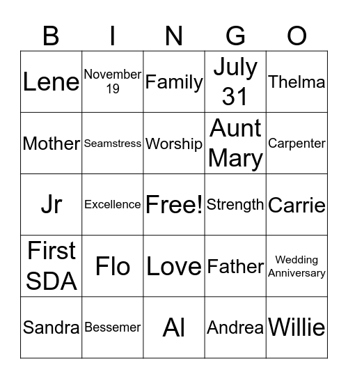 Mitchell Family Bingo Card