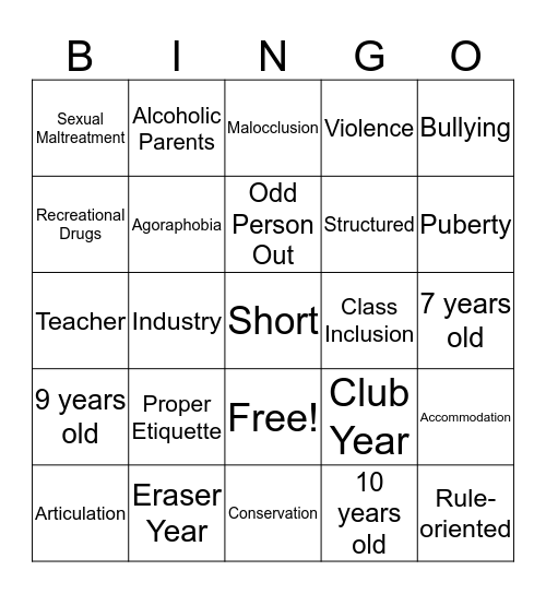 SCHOOL-AGE Bingo Card