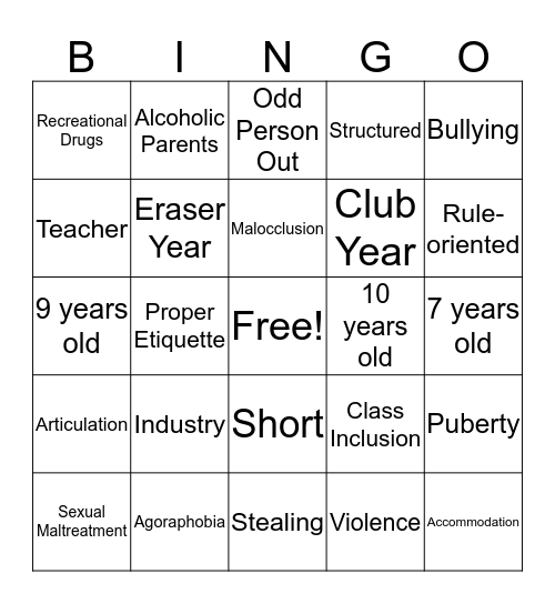 SCHOOL-AGE Bingo Card