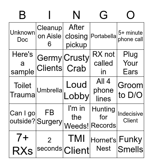 Receptionist Bingo Card