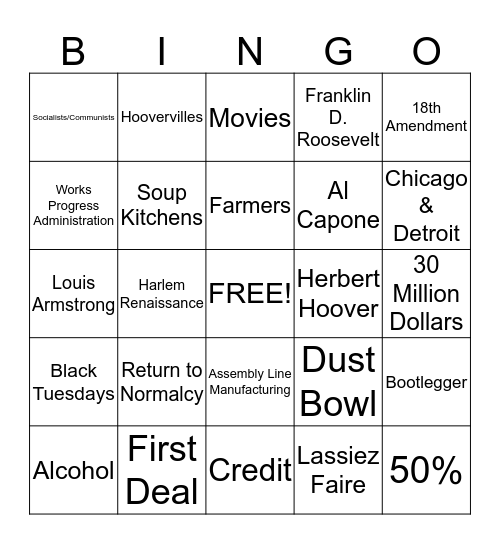 1920's Test Bingo Card