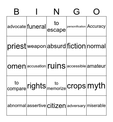 Q1 Vocabulary Bingo Card