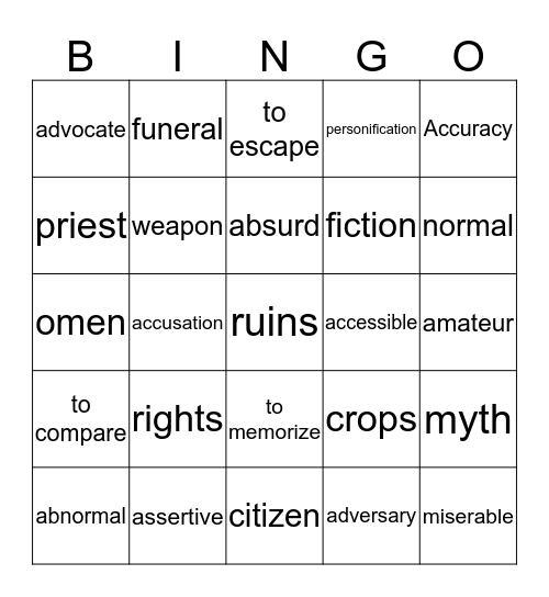 Q1 Vocabulary Bingo Card