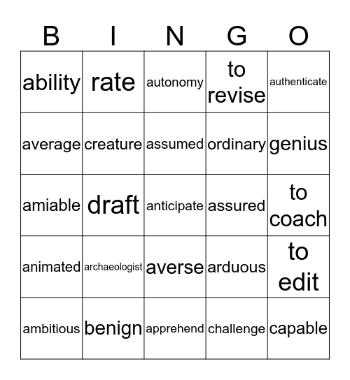 Q1 Vocabulary Bingo Card