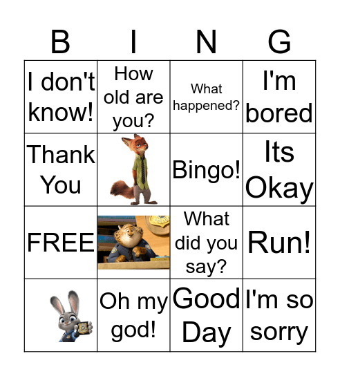 Zootopia Bingo Card