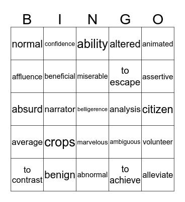 Q1 Vocabulary Bingo Card