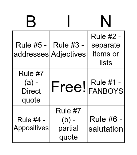 Comma Bingo Card