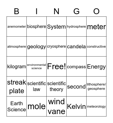 Intro to Earth Science Bingo Card