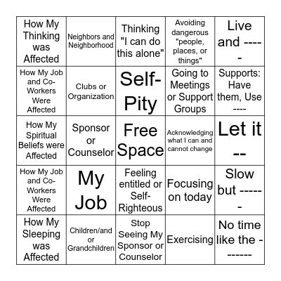 Recovery Bingo Card